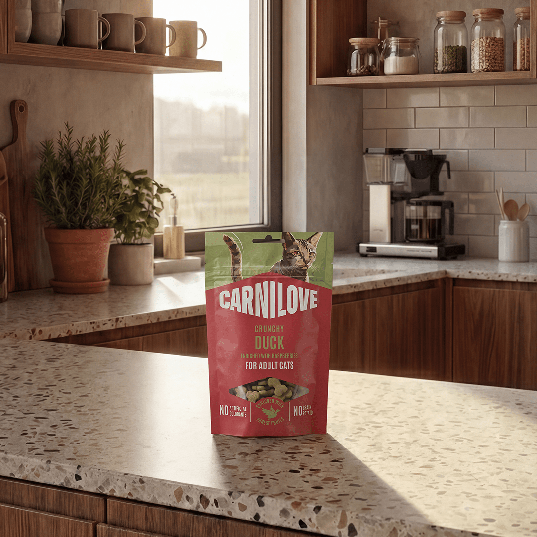 Pamlsok CARNILOVE Crunchy pre dospelé mačky kačica s malinami 50 g
