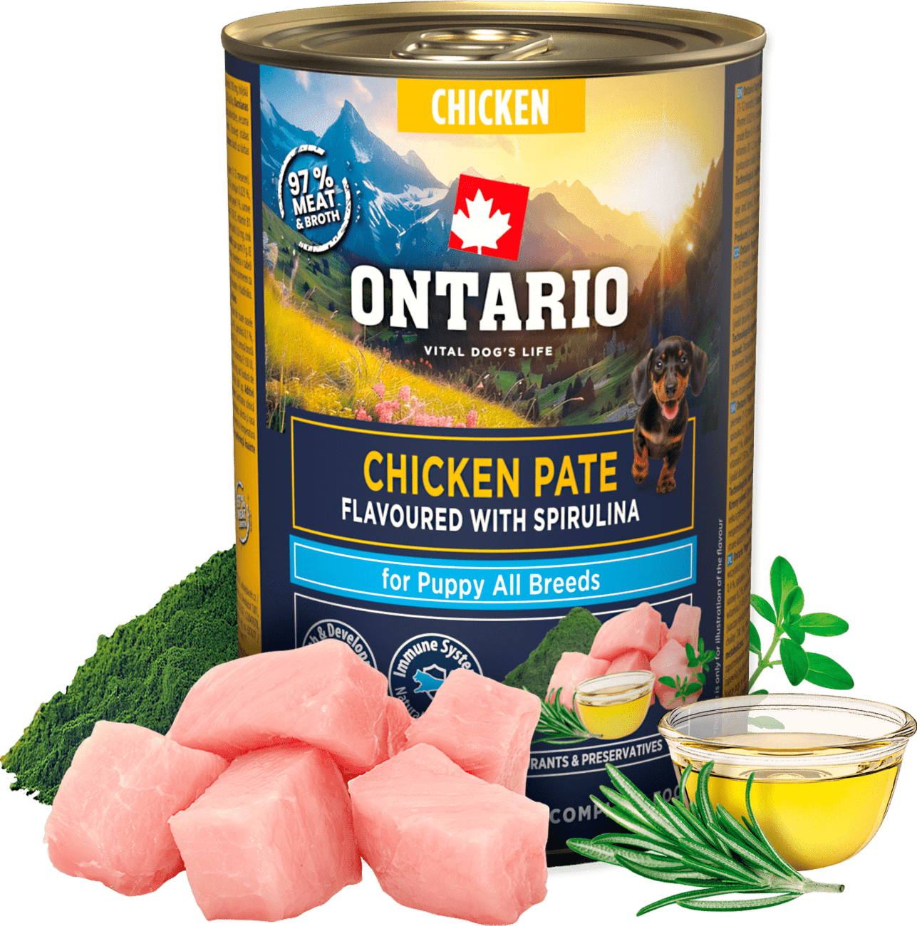 Konzerva Ontario Puppy kuřecí pate s příchutí spiruliny 400g