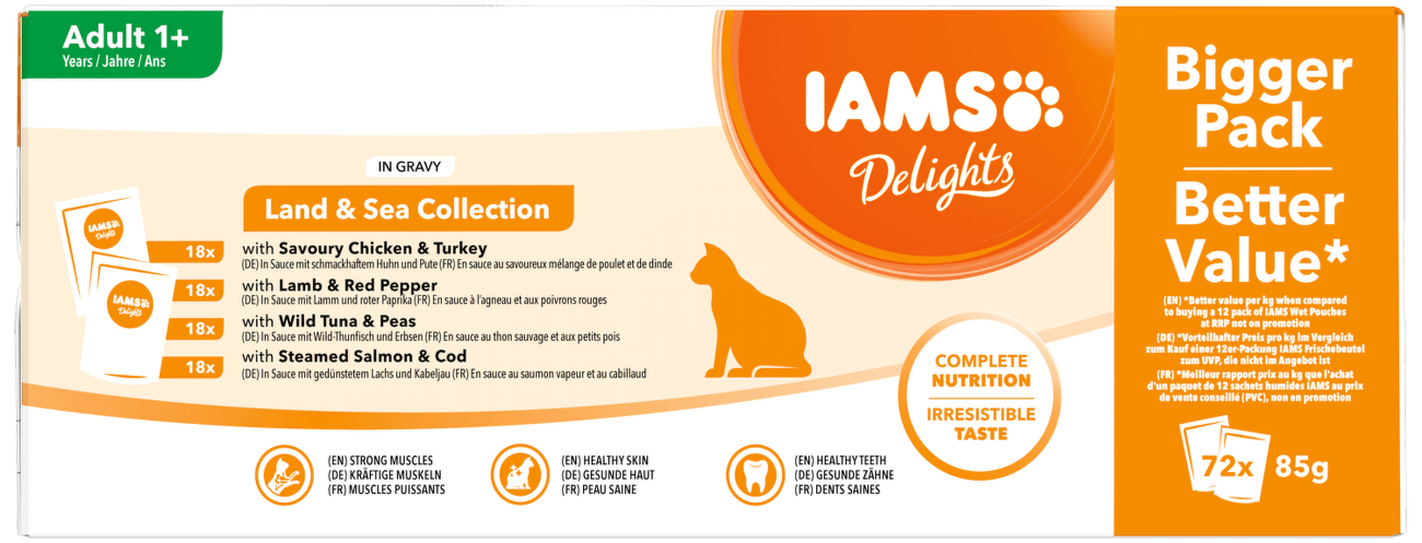 IAMS Delights kapsička morské a suchozem. mäso v omáčke multipack 72x85g