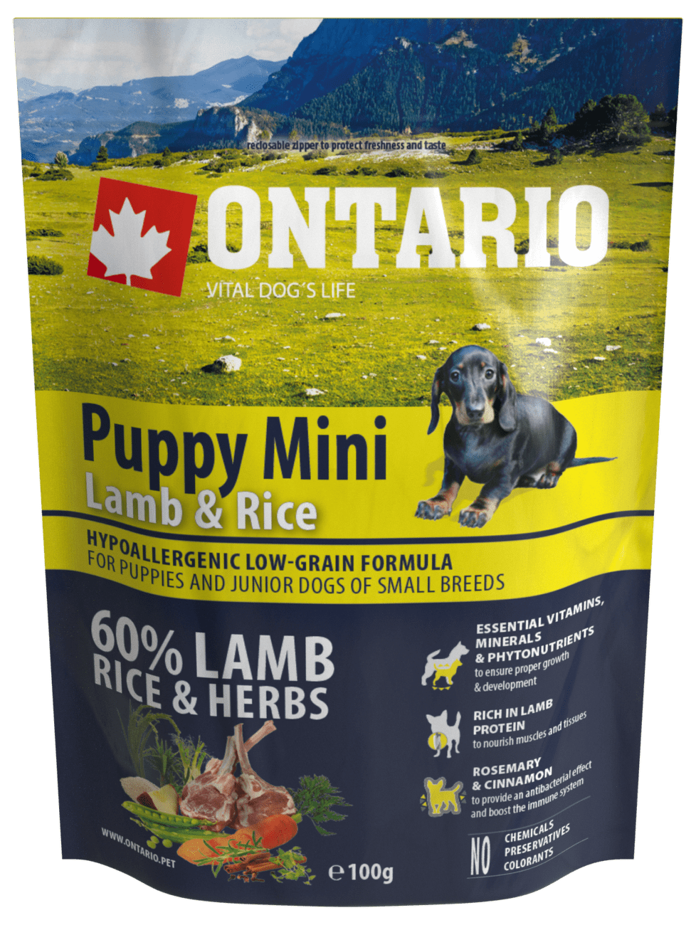 VZORKA Ontario dog puppy mini jahňa a ryža 0,1 kg