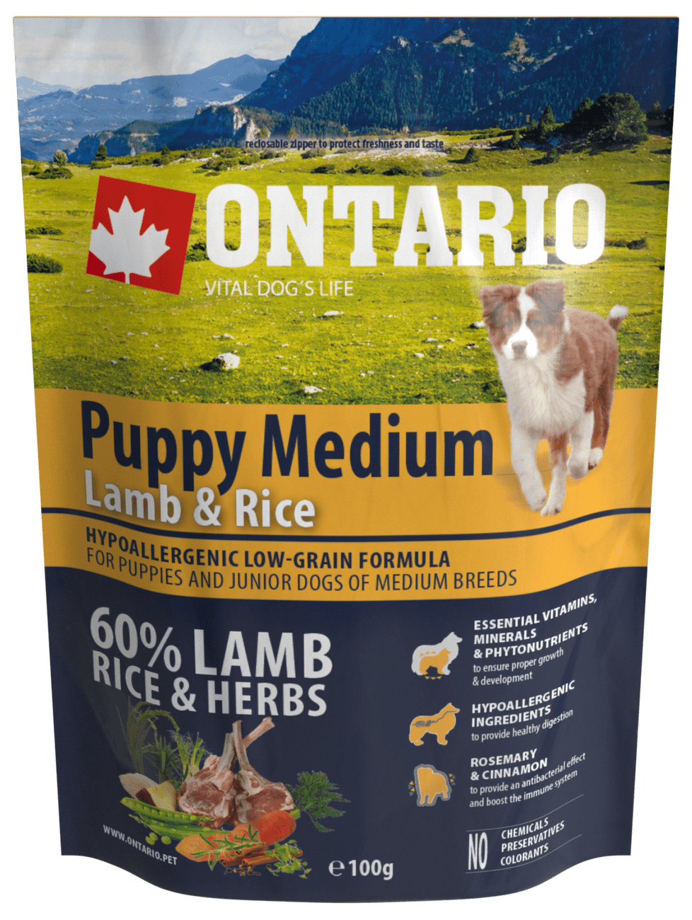 VZORKA Ontario dog puppy medium jahňa a ryža  0,1 kg