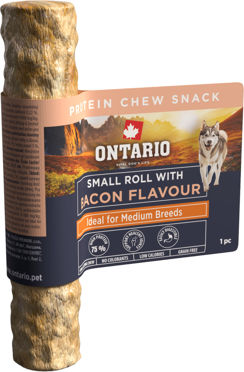 Žvýkací pochoutka Ontario Protein malá rolka pro střední plemena s příchutí slaniny 12,7 cm