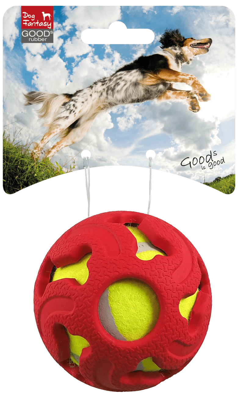 Dog Fantasy hračka lopta s tenisákom 7,5 cm červená