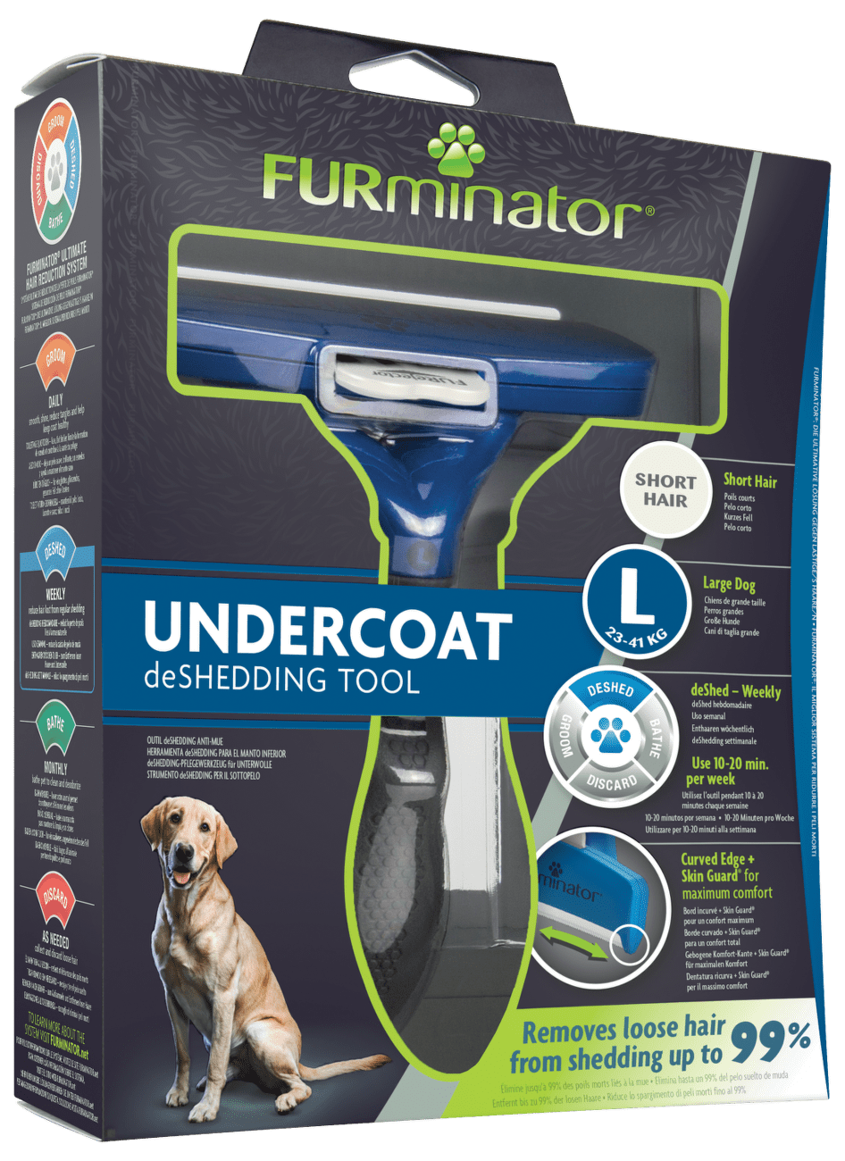 Furminator hrebeň pre krátsku srsť L 24-41 kg.

Používajte na suchú srsť raz či dvakrát týždenne po dobu 10 až 20 minút.

Ochranný kryt po koži hladko kĺže a bráni tomu, aby sa okraje vyčesávacej hrany zabodávali do kože.