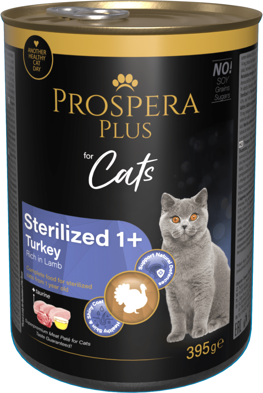 Konzerva Prospera Plus Cat Meat Paté Sterilized 1+ morčacie a jahňacie 395g