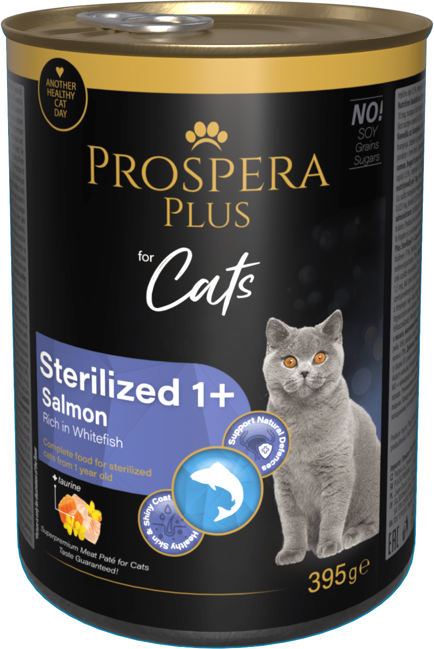 Konzerva Prospera Plus Cat Meat Paté Sterilized 1+ losos a biela ryba 395g