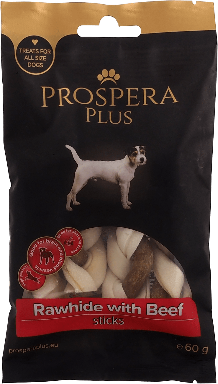 Pochoutka Prospera Plus Surová kůže s hovězím pletená tyčinka 4ks 7,5cm