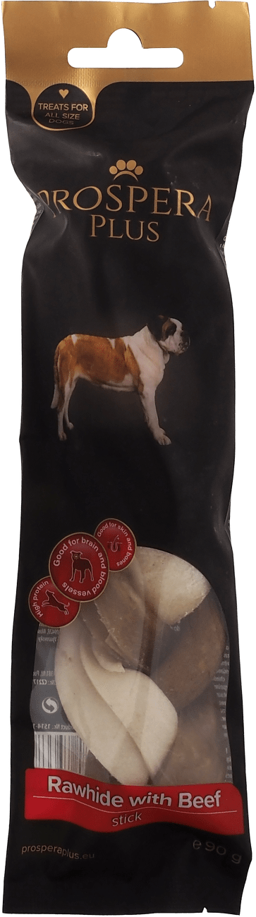 Pochoutka Prospera Plus Surová kůže s hovězím pletená tyčinka 1ks 17,5cm