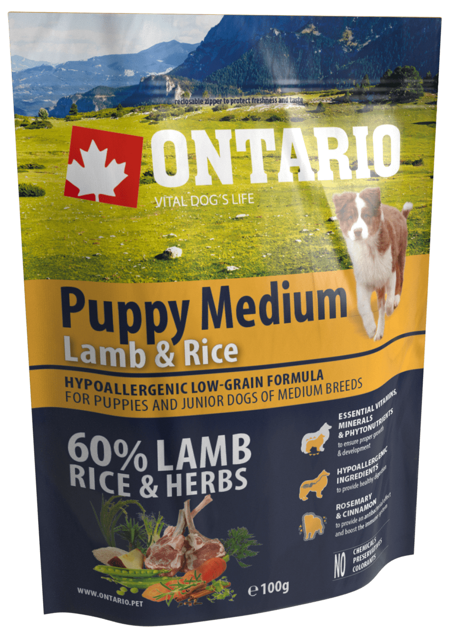 VZORKA Ontario dog puppy medium jahňa a ryža  0,1 kg
