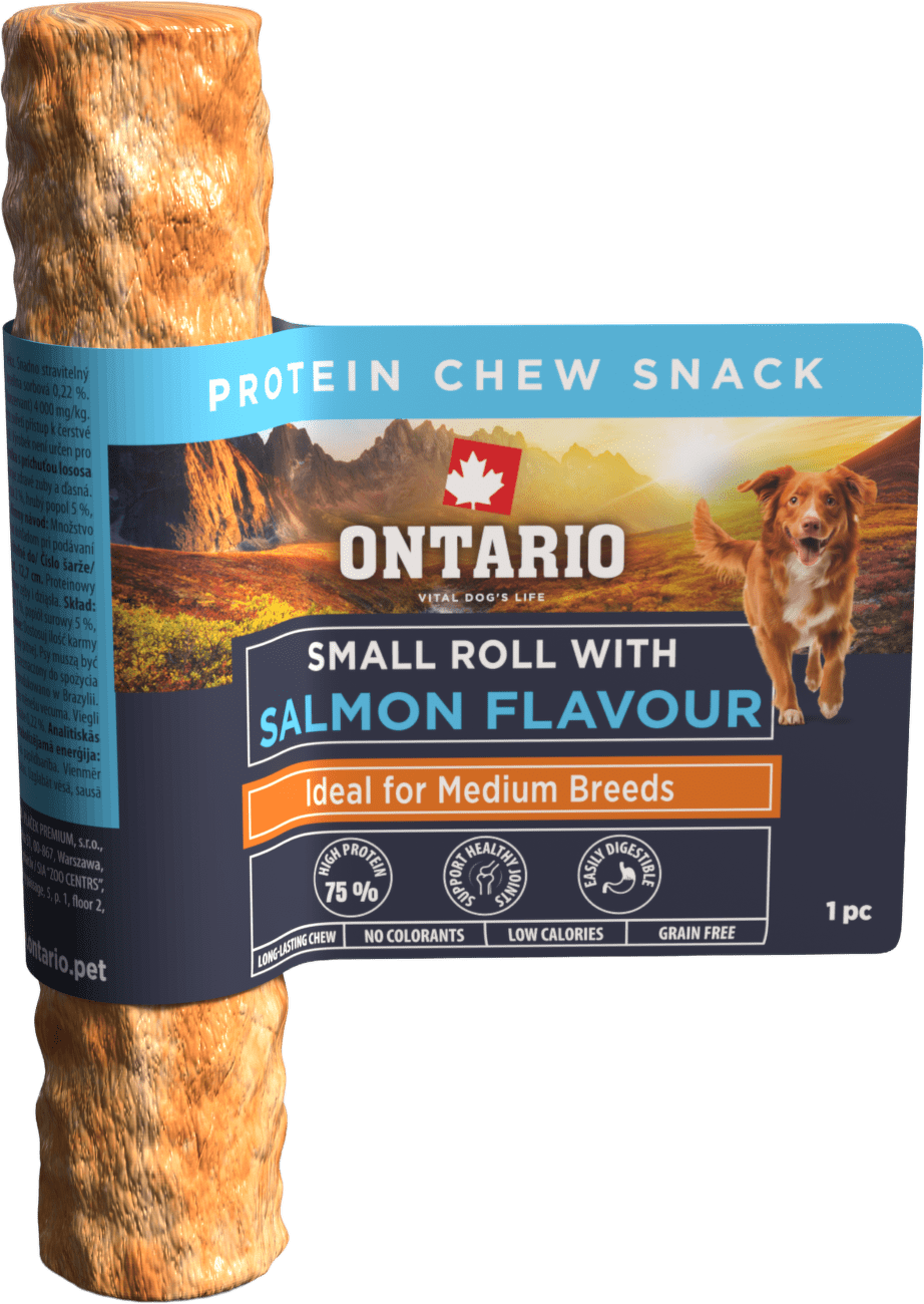 Žvýkací pochoutka Ontario Protein malá rolka pro střední plemena s příchutí lososa 12,7 cm
