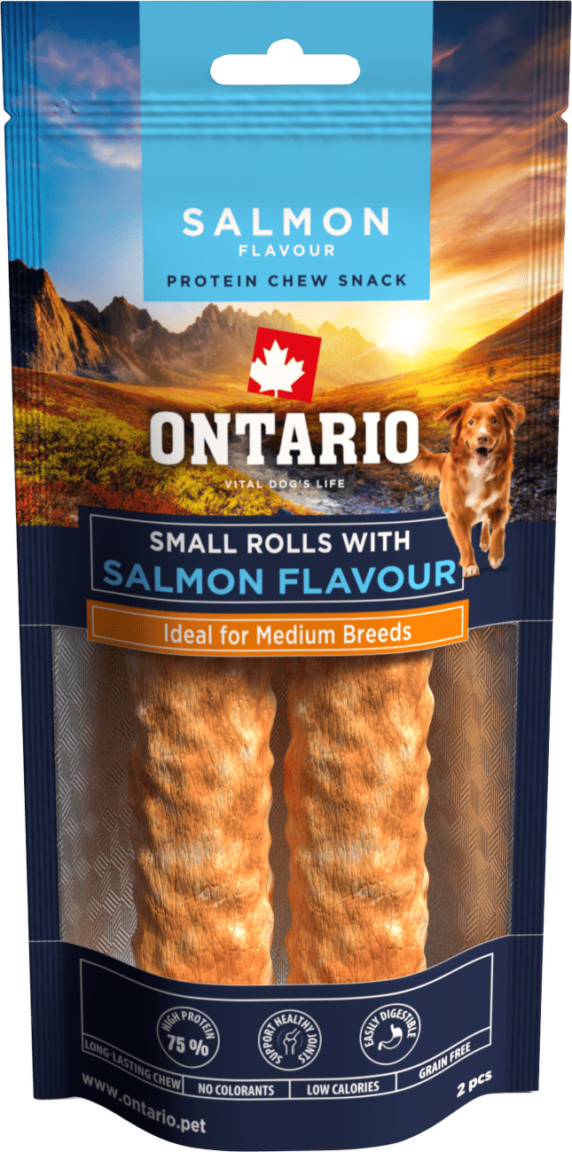 Žvýkací pochoutka Ontario Protein malá rolka pro střední plemena s příchutí lososa 12,7 cm 2 ks