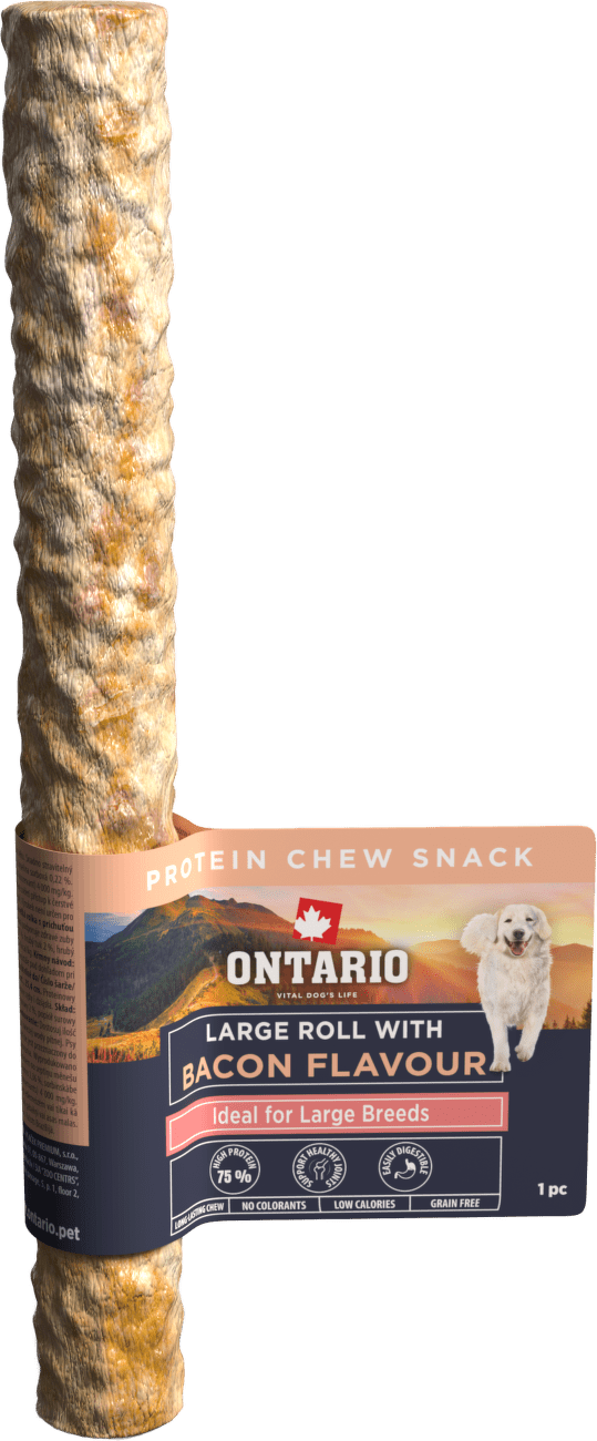 Žvýkací pochoutka Ontario Protein velká rolka pro velká plemena s příchutí slaniny 25,4 cm
