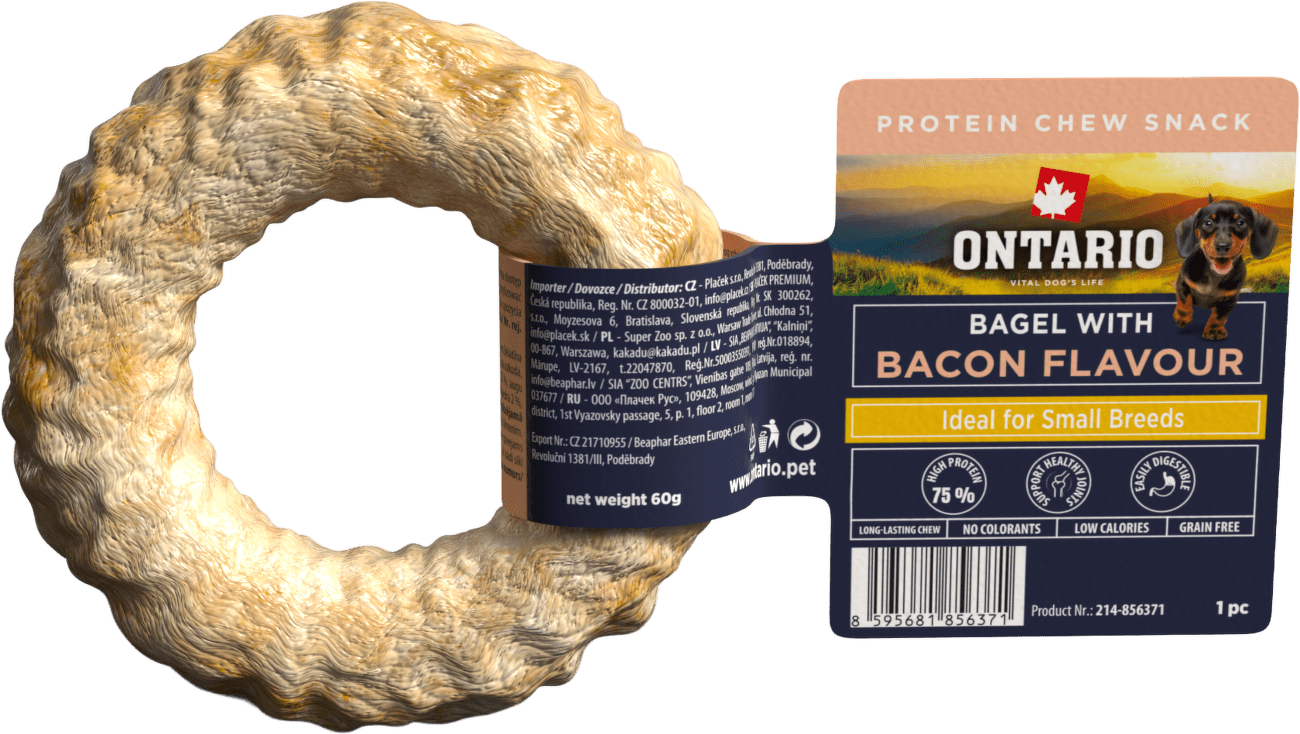 Žvýkací pochoutka Ontario Protein bagel pro malá plemena s příchutí slaniny 8,9 cm