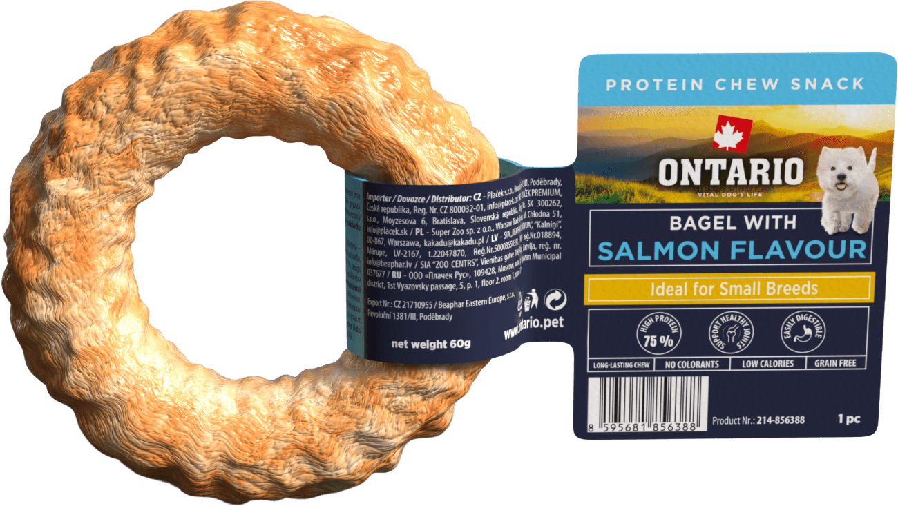 Žvýkací pochoutka Ontario Protein bagel pro malá plemena s příchutí lososa 8,9 cm