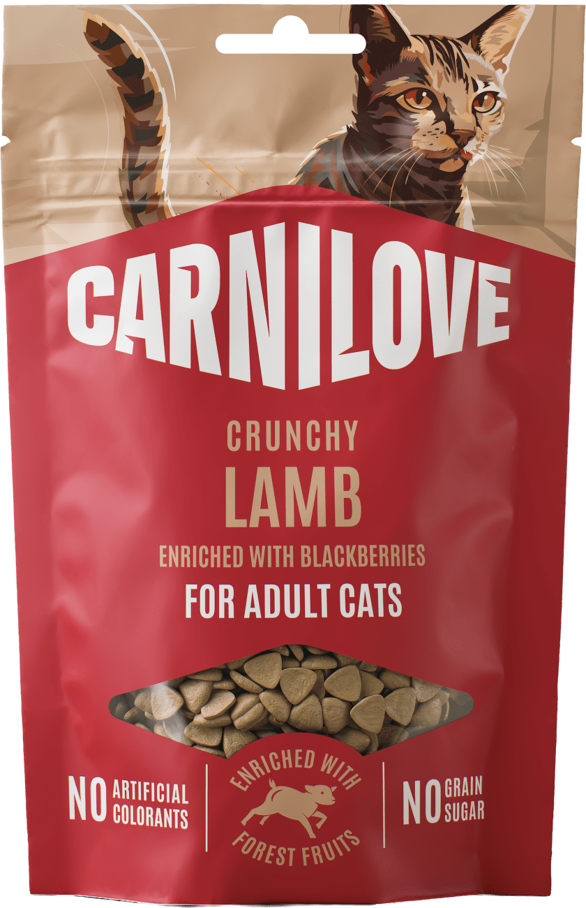 Pamlsek CARNILOVE Crunchy pro dospělé kočky jehně s ostružinami 50 g