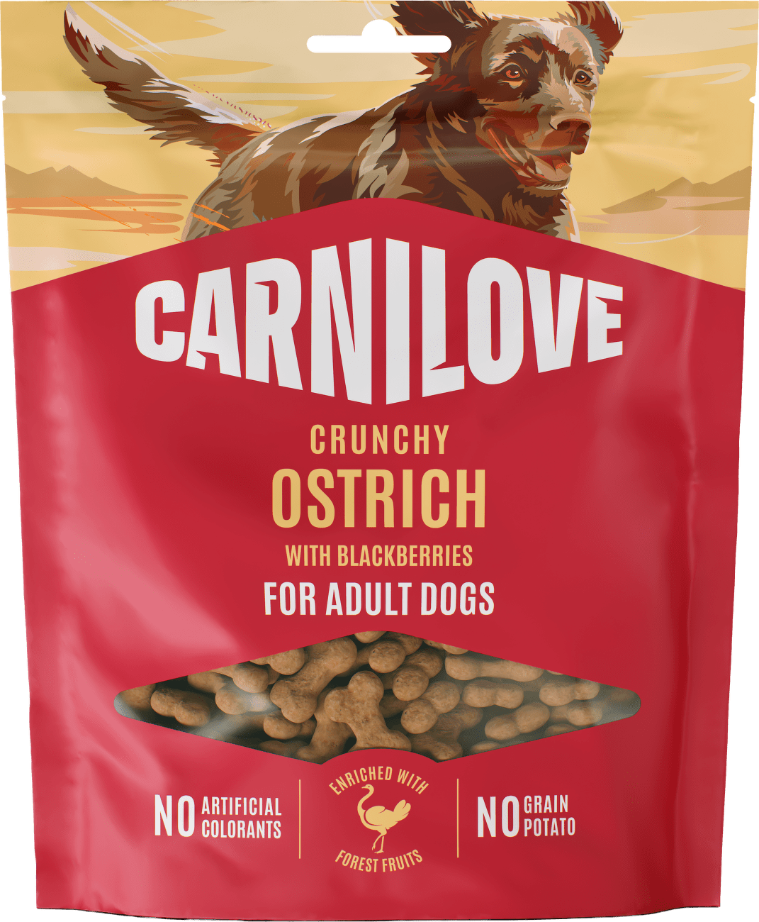 Pamlsek CARNILOVE Crunchy pro dospělé psy pštros s ostružinami 200 g