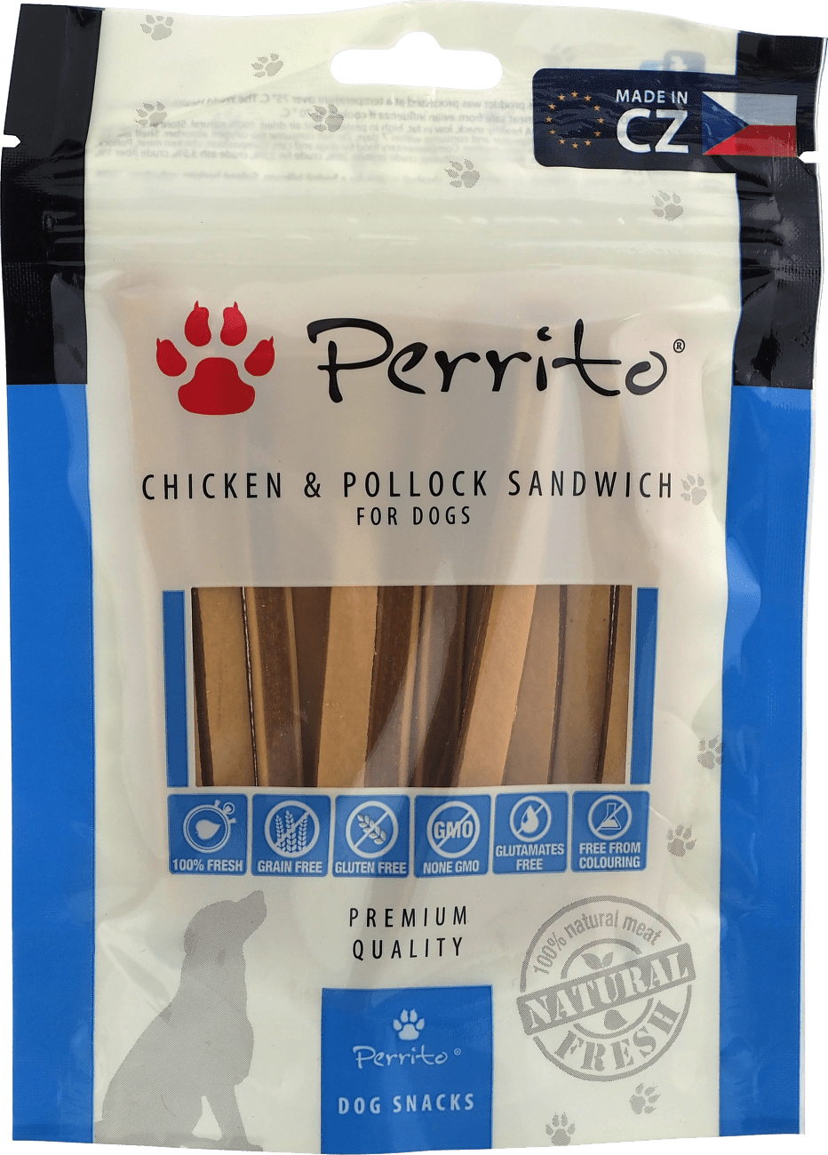 Pochoutka Perrito Sušený kuřecí a tresčí sendvič pro psy 100 g