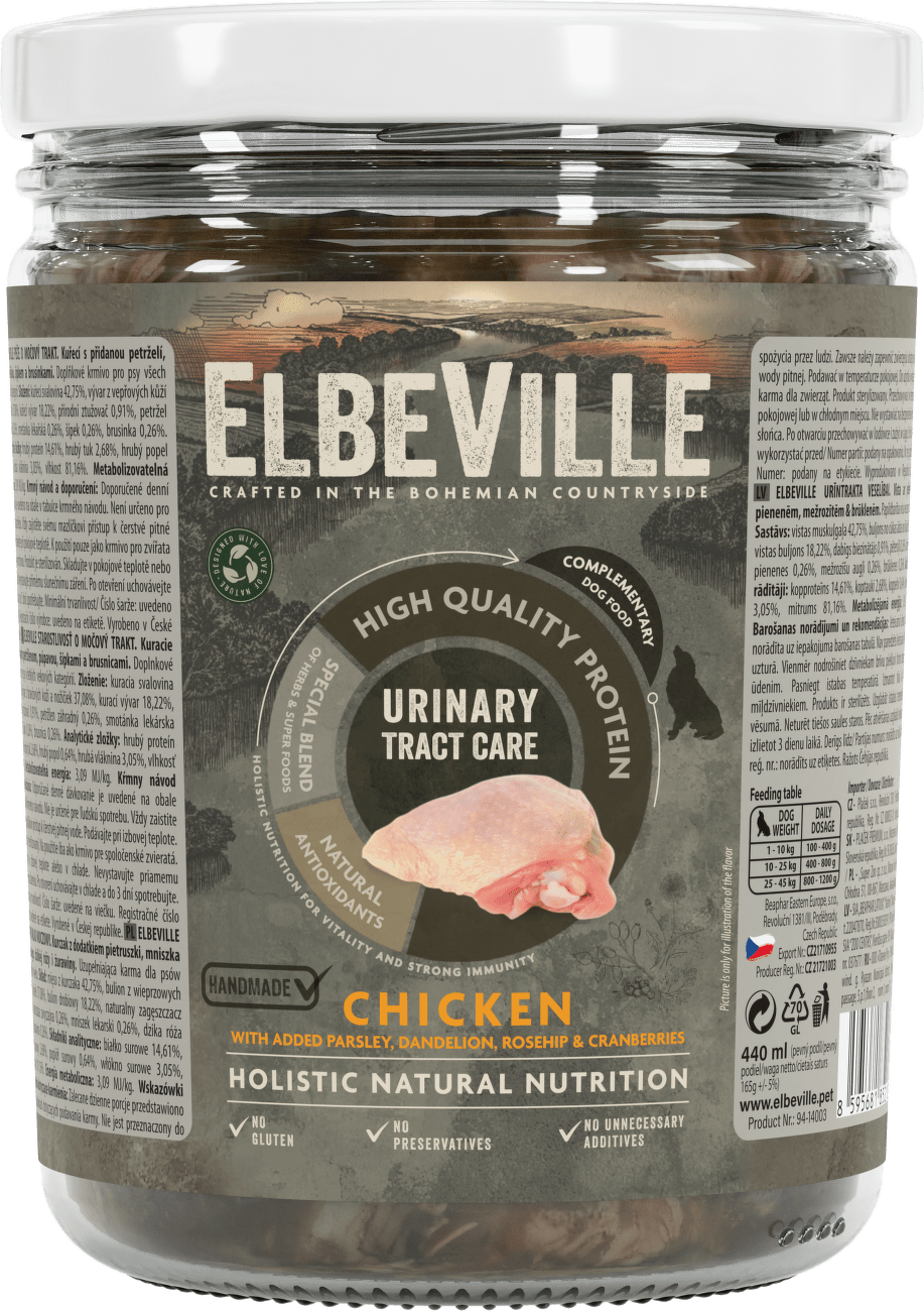 Elbeville dog krmivo v skle Urinary Tract care kura s petržlenom 440 ml