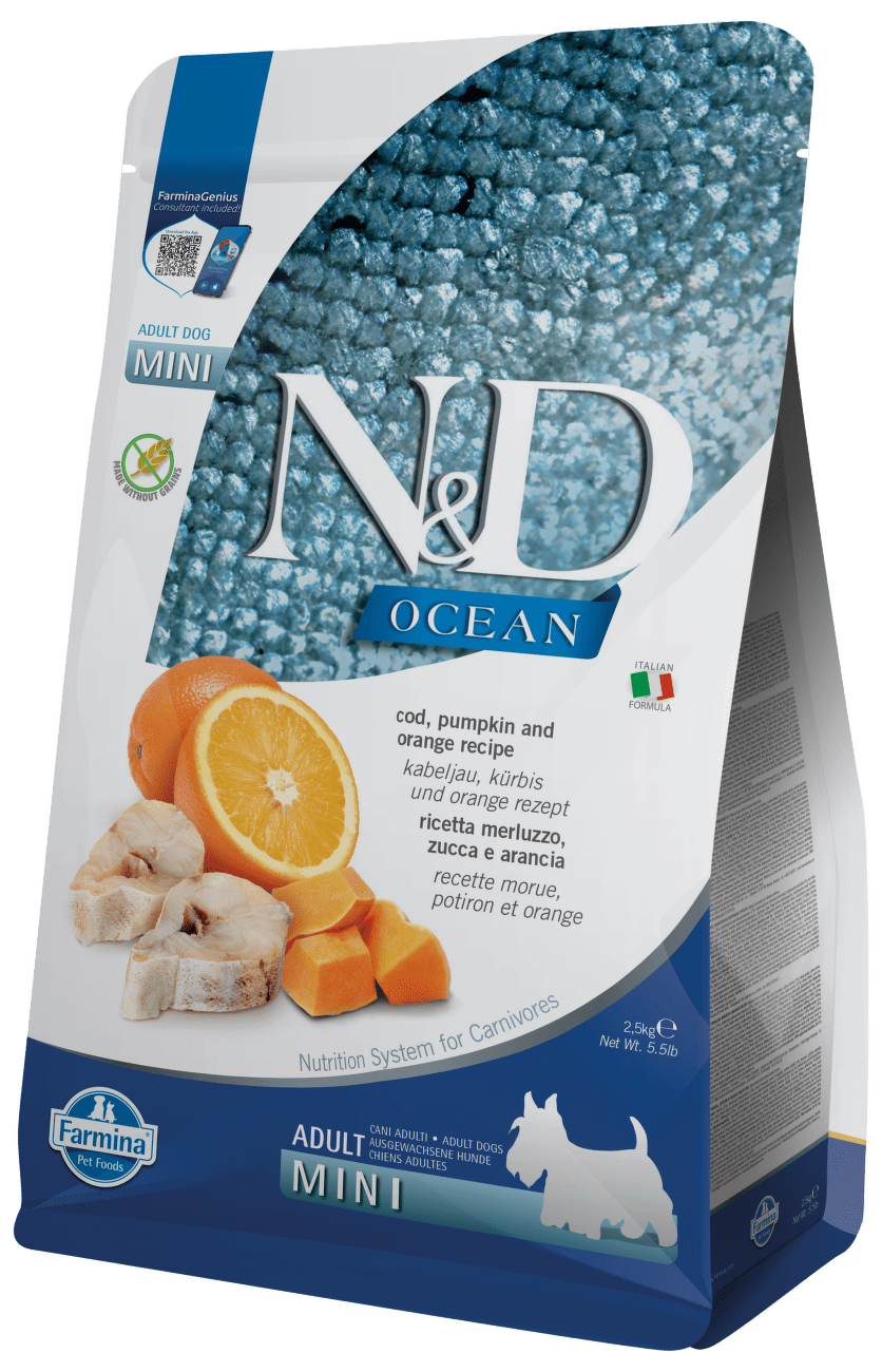 N&D Ocean Dog Adult Mini treska, tekvica a pomaranče 2,5kg