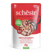Konservi kaķiem – Schesir Complete Nutrition Pouch, Tuna with Shrimps in Jelly, 85 g