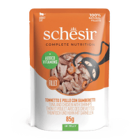 Konservi kaķiem – Schesir Complete Nutrition Tuna and Chicken with Shrimps in Jelly, 85 g
