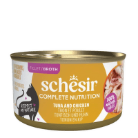 Konservi kaķiem – SCHESIR Complete Nutrition Tuna and Chicken in broth, 85 g