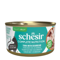 Konservi kaķiem – SCHESIR Complete Nutrition Tuna and Seabream in jelly, 85 g