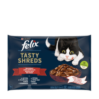 Konservi kaķiem – FELIX TASTY SHREDS gaļas izlase, 4 x 80 g