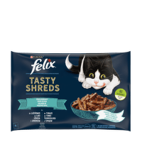 Konservi kaķiem – FELIX TASTY SHREDS zivju izlase, 4 x 80 g