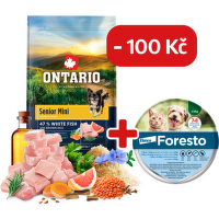 Ontario Senior Mini Fish & Brown Rice 6,5kg + obojek Foresto pro malé psy se slevou 100 Kč