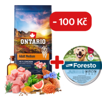 Ontario Adult Medium Chicken & Sweet Potatoes 12kg + obojek Foresto pro větší psy se slevou 100 Kč