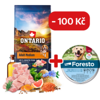Ontario Adult Medium Fish & Brown Rice 12kg + obojek Foresto pro větší psy se slevou 100 Kč