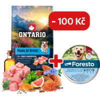 Ontario Puppy&Junior All Breeds Monoprotein Turkey & Sweet Potatoes 6,5kg + obojek Foresto pro větší psy se slevou 100 Kč