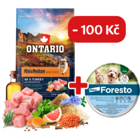 Ontario Mini & Medium Weight Control Turkey & Brown Rice 6,5kg + obojek Foresto pro malé psy se slevou 100 Kč