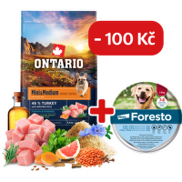 Ontario Mini & Medium Weight Control Turkey & Brown Rice 6,5kg + obojek Foresto pro větší psy se slevou 100 Kč