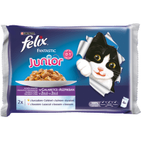 Консервы для котят – Felix Fantastic Junior ассорти с курицей и лососем в желе, 4х100 г
