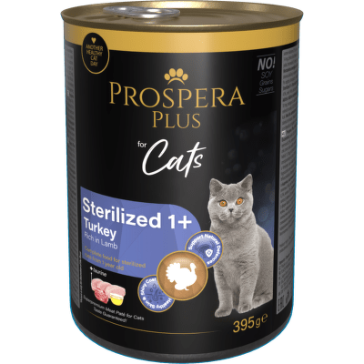 Konzerva Prospera Plus Cat Meat Paté Sterilized 1+ krůtí a jehněčí 395g