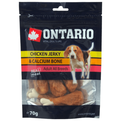 ONTARIO Snack 100% prírodná pochúťka pre psov - kuracie plátky + kalciová kosť. 70g