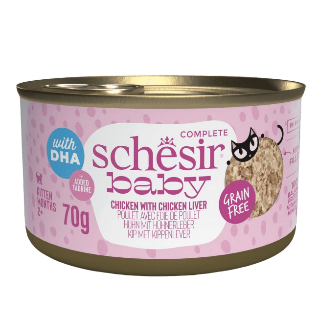 Konservi kaķēniem – Schesir Baby Chicken with Chicken Liver in Broth, 70 g