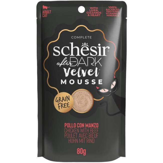 Konservi kaķiem – Schesir After Dark Chicken with Beef Velvet Mousse, 80 g