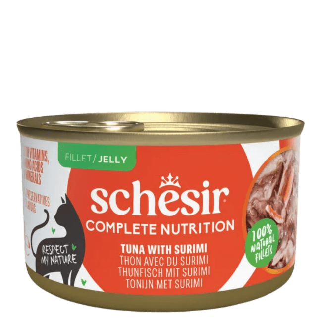 Konservi kaķiem – SCHESIR Complete Nutrition Tuna and Surimi in jelly, 85 g
