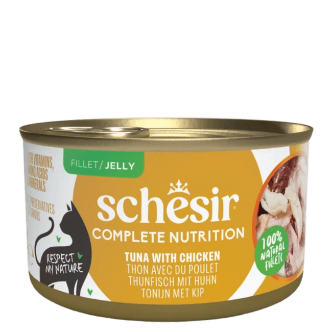 Konservi kaķiem – SCHESIR Complete Nutrition Tuna and Chicken in jelly, 85 g