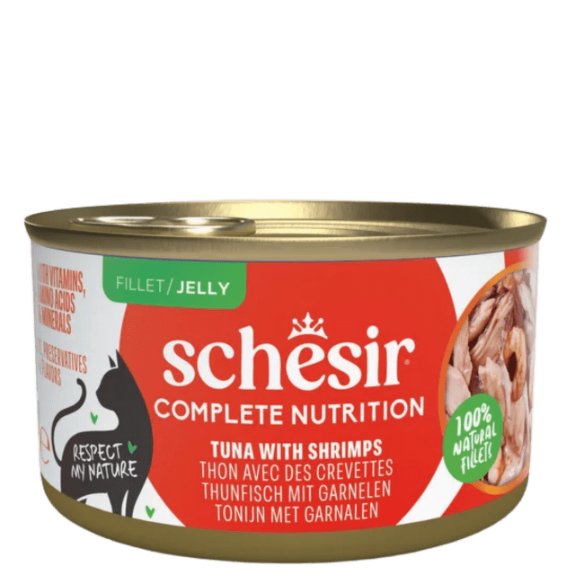 Konservi kaķiem – SCHESIR Complete Nutrition Tuna and Shrimps in jelly, 85 g