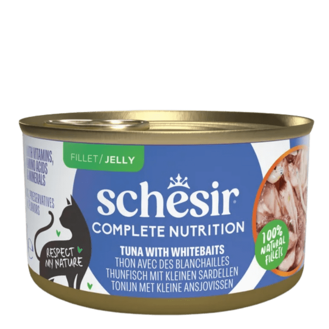 Консервы для кошек – SCHESIR Complete Nutrition Tuna and Whitebaits in jelly, 85 г