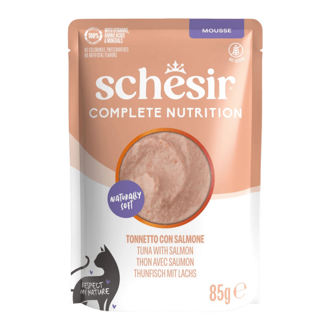 Konservi kaķiem – Schesir Complete Nutrition Tuna with Salmon in Mousse, 85 g