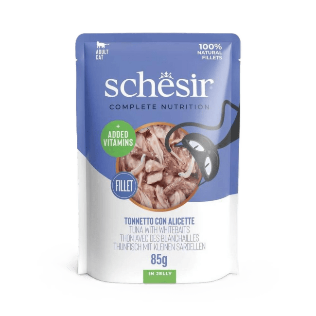 Konservi kaķiem – SCHESIR Complete Nutrition Pouch, Tuna and Whitebaits in jelly, 85 g