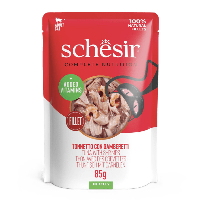 Konservi kaķiem – Schesir Complete Nutrition Pouch, Tuna with Shrimps in Jelly, 85 g
