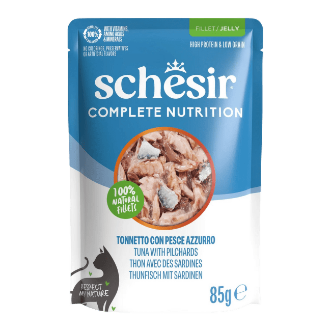 Konservi kaķiem – Schesir Complete Nutrition Tuna with Pilchards in Jelly, 85 g