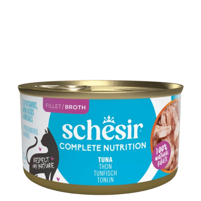 Konservi kaķiem – SCHESIR Complete Nutrition Tuna in broth, 85 g