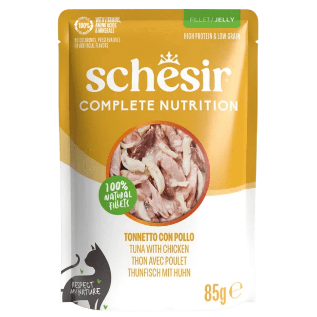 Konservi kaķiem – SCHESIR Complete Nutrition Pouch, Tuna and Chicken in jelly, 85 g